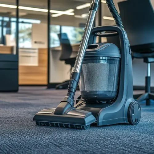 Een stofzuiger in een kantoor, kamer, met bureaustoelen blurred aan de achterkant.